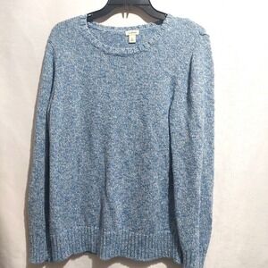 L L Bean Womens Large Pull On Sweater Cable Knit Cotton Blue White Ribbed Hem